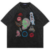 Psychedelic t-shirt skeleton print top vintage wash flame jumper Y2K hippie tee in acid grey