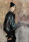 Oversize faux leather utility jacket wide biker bomber black