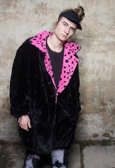 Leopard fleece coat handmade reversible animal trench coat