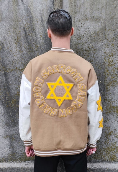 Pentagram patch varsity jacket college baseball bomber brown