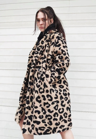 Leopard fleece coat animal print long jacket in brown