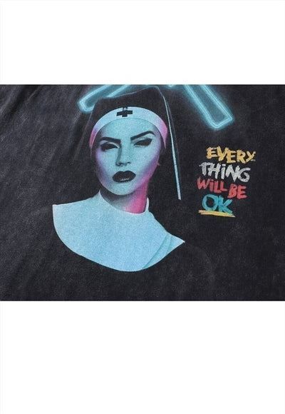 Nun print t-shirt Gothic tee retro horror punk top acid grey