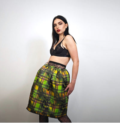 Pink tartan skirt quilted doll print reversible bottoms punk puffer skirt anarchy plaid pants rocker two sided joggers handmade checked kilt