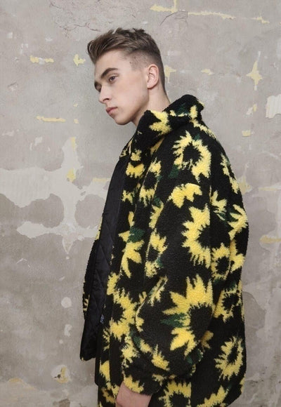 Sunflower fleece jacket handmade daisy floral faux fur coat