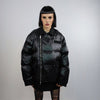 Asymmetric bomber jacket collared puffer quilted high fashion Gothic coat unusual grunge padded aviator jacket in solid shiny black