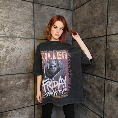 Friday 13th t-shirt vintage wash Horror movie tee Jason the killer top creepy Gothic jumper in acid grey