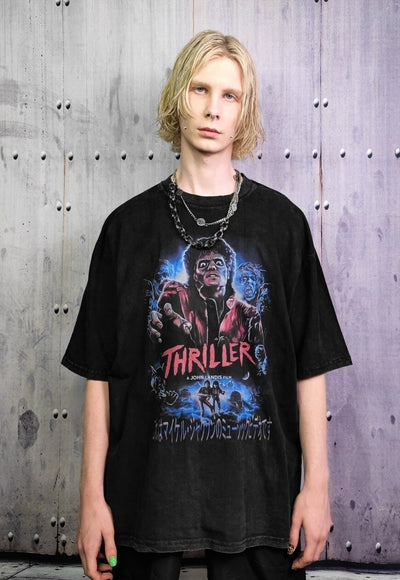 MJ print t-shirt Y2K king of pop tee retro to acid black