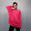 Deep V-neck sheer top revealing transparent sweatshirt cut out neck long sleeve see-through t-shirt rocker jumper edgy baggy tee in pink