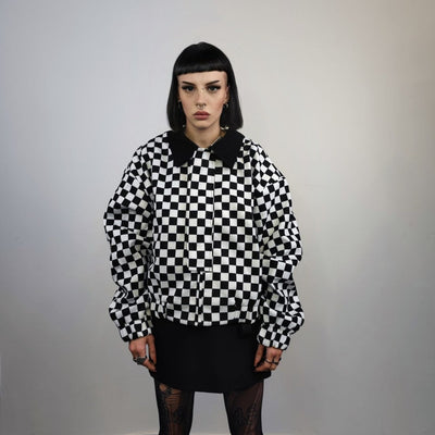 Check print bomber jacket Chequerboard varsity SKA aviator chess pattern coat in black and white