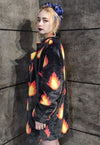 Flame print coat burning fire fleece trench luxury festival jacket fluffy grunge bomber in black orange