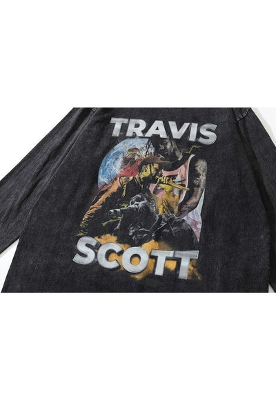 Rapper t-shirt Travis Scott long sleeve tee in acid black
