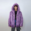 Shaggy faux fur jacket lavender neon bomber rave coat fluffy puffer Taylor Swift fleece luminous festival hood burning man overcoat purple