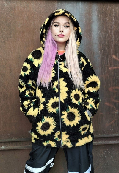 Sunflower fleece hoodie daisy print faux fur hooded jacket