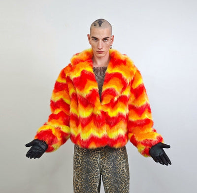 Psychedelic orange coat faux fur geometric cropped bomber fluffy carnival fleece detachable sleeves festival jacket short flame overcoat