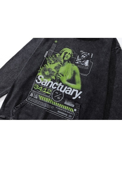 Saint print hoodie punk pullover grunge top in acid grey