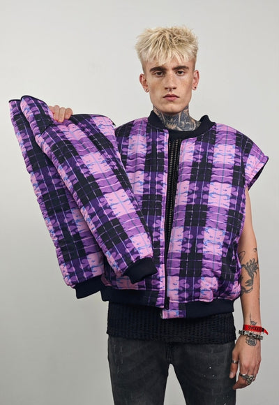 Tartan check varsity jacket purple flame reversible bomber