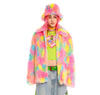 Rainbow shaggy faux fur jacket unicorn raver bomber fluffy festival coat party fleece bomber neon burning man coat in bright pink blue