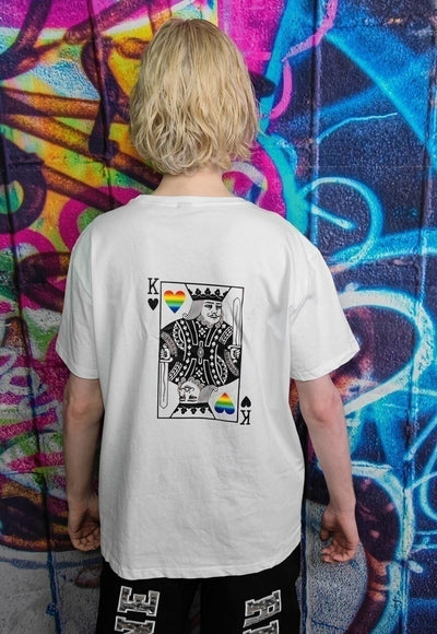 Gay King T-shirt LGBT rainbow heart tee Pride top in white