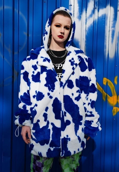 Cow fleece coat handmade 2 in1 animal print jacket in blue