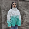 Gradient faux fur jacket tie-dye fluffy bomber festival varsity jacket raised neck fleece coat high fashion Autumn Winter coat white green