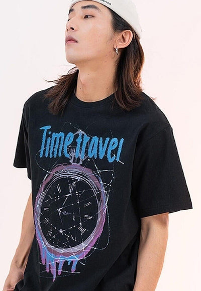 Clock print t-shirt time travel tee grunge top in black