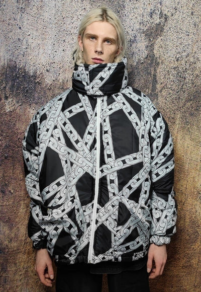 Chain print bomber handmade detachable check pattern puffer devil horn reversible grunge jacket two sided barbered wire coat in white black