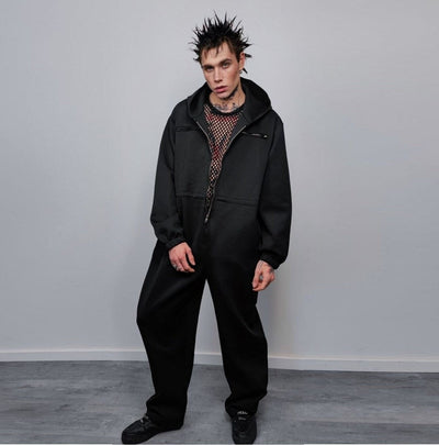 Hooded utility boilersuit workwear coveralls zip up racing jumpsuit cyber punk dungarees going out one-piece suit catwalk smock in black