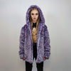 Hooded checked faux fur jacket geometric bomber bright raver coat fluffy winter fleece festival trench neon burning man overcoat in purple