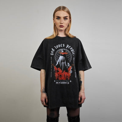 Saint t-shirt flame tee grunge religion top in vintage grey