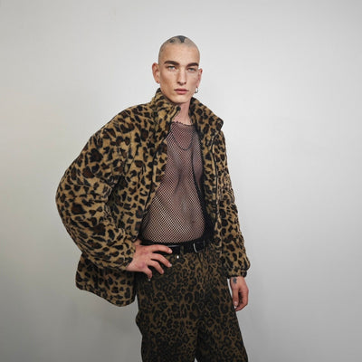 Animal print fleece jacket brown leopard coat zip up cheetah bomber wild cat overcoat fluffy jaguar festival jacket bobcat jumper