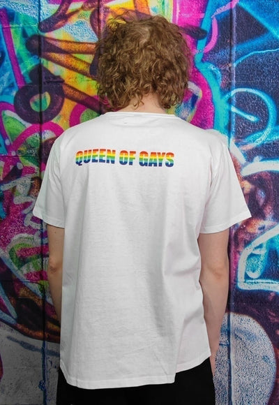 Gay queen T-shirt LGBT rainbow heart tee Pride top in white