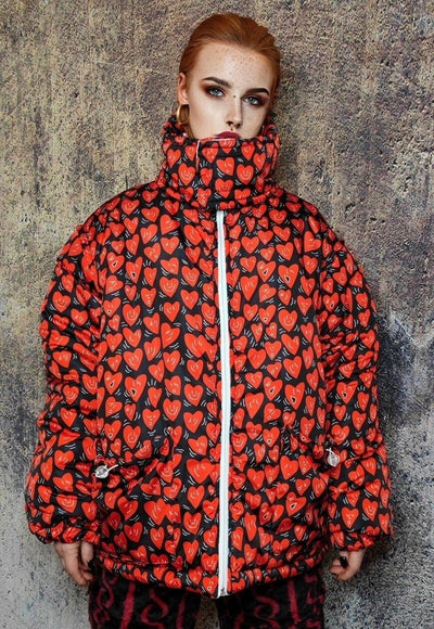 Heart print bomber handmade detachable retro love emoji puffer devil horn reversible grunge jacket two sided raver coat in white and red