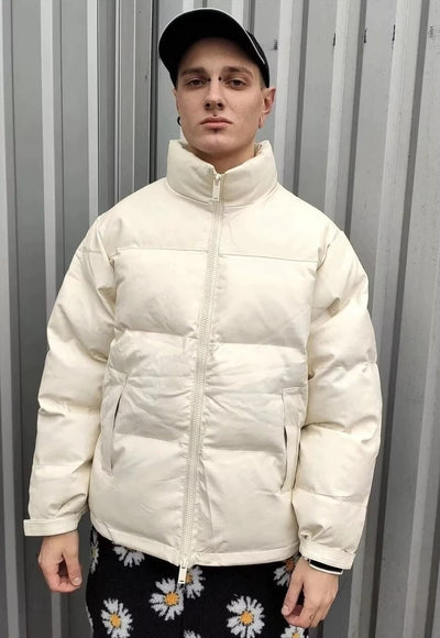 PU leather quilted bomber rubber padded puffer jacket cream