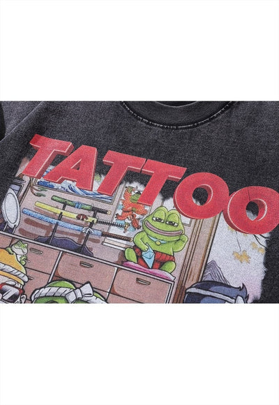 Retro cartoon t-shirt vintage wash turtles top long tee grey