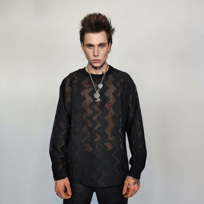 Mesh top long sleeve transparent jumper see-through blouse gothic sweatshirt crotchet t-shirt in black