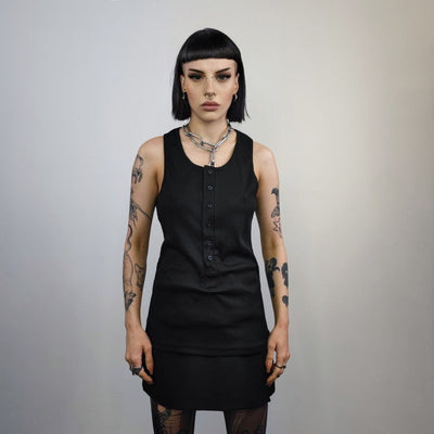 Button up sleeveless vest t-shirt Gothic tank top grunge crew neck tee rocker surfer vest in black