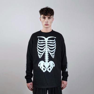 Rib bones t-shirt reflective skeleton sweatshirt thin gothic top luminous skull jumper shiny rave sweater punk pullover rocker tee in black