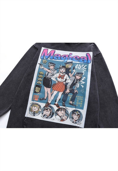 Anime hoodie Magical cartoon pullover Japanese jumper grey