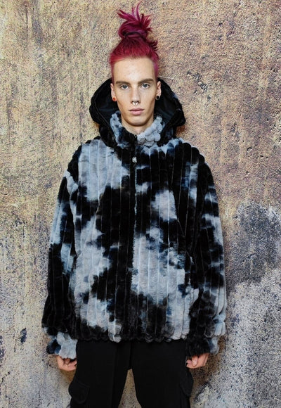 Saint print hooded jacket reversible faux fur animal coat