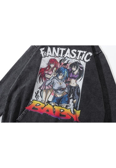 Anime girls print hoodie Japanese pullover cartoon top grey