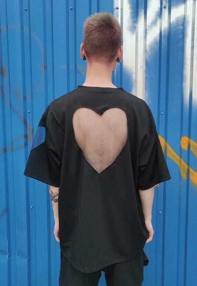 Heart cutout tee handmade transparent mesh t-shirt black