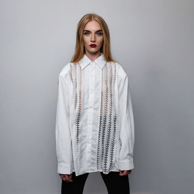 Crochet shirt transparent long sleeve mesh blouse shoulder padded see-through party jumper sheer sweatshirt going out top in white