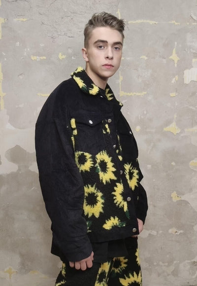 Reworked floral print jacket daisy fleece patch bomber black