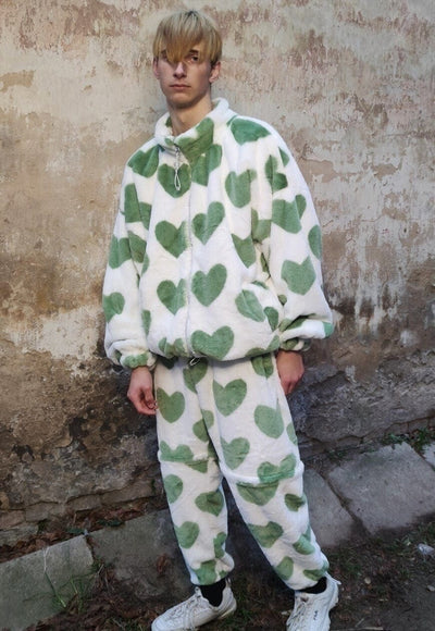 Heart fleece bomber handmade fluffy love jacket green cream