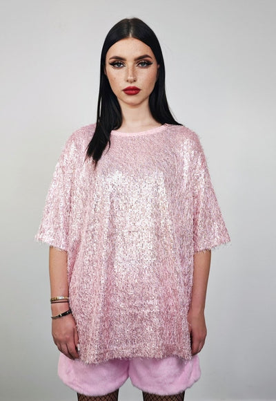 Fluffy party top pastel pink shiny luminous rave jumper