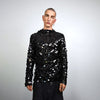 Long sleeve sequin embellished mesh top black body hugging luxury embroidered t-shirt luminous going out fancy dress jumper party pullover