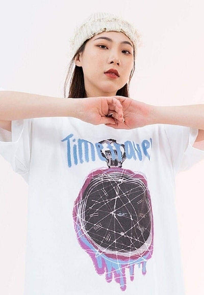 Time travel t-shirt retro clock print tee grunge top white