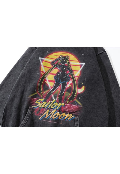 Sailor moon hoodie anime pullover Japanese top in acid grey