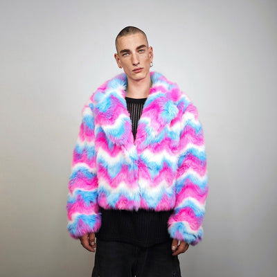 Rainbow faux fur coat crop striped trench festival zigzag jacket furry overcoat carnival bomber party peacoat psycho wide rave fleece pink