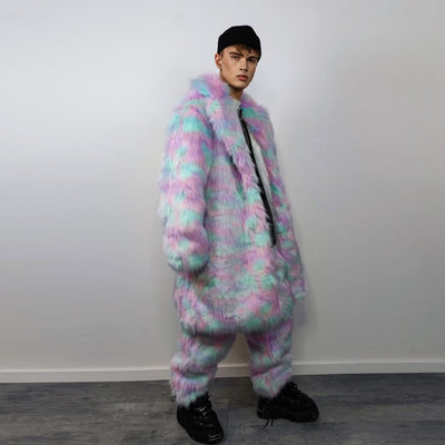 Marshmallow faux fur joggers pastel raver pants fluffy rainbow trousers ski fleece tie-dye overalls festival bottoms burning man pants pink